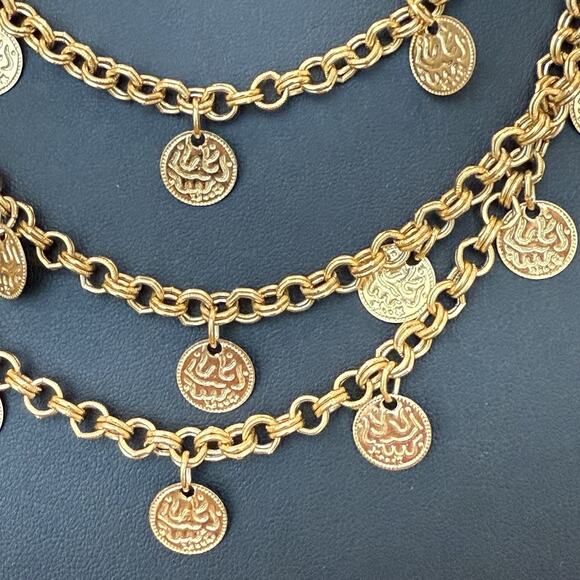 Vintage Faux Coin Dangle Necklace Long 56” Total Length Gold Tone - Picture 2 of 6